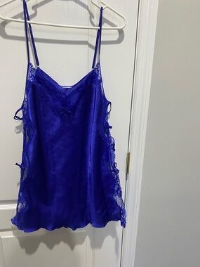 Blue Lace-Trim Satin Chemise - Women Accessories